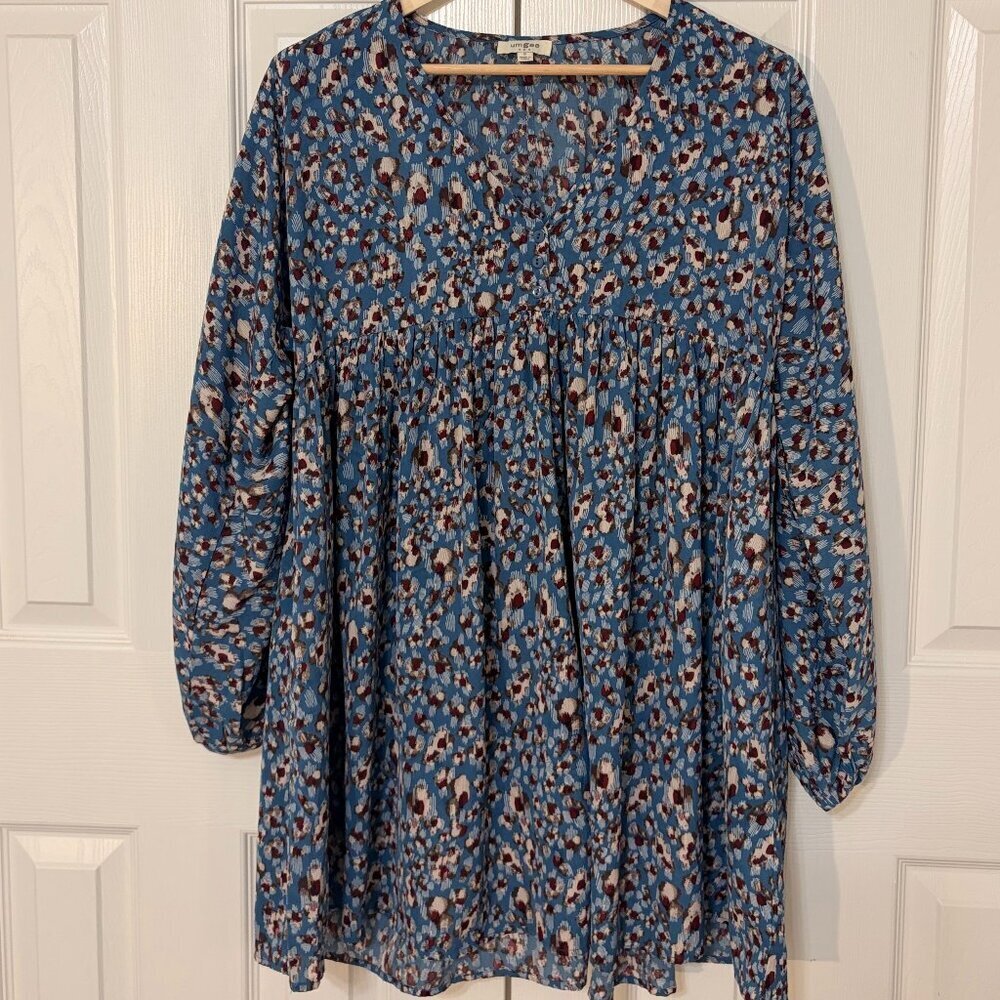 Boho Mini Peasant Baby Doll Dress Tunic Blue Mixed Print Size Small